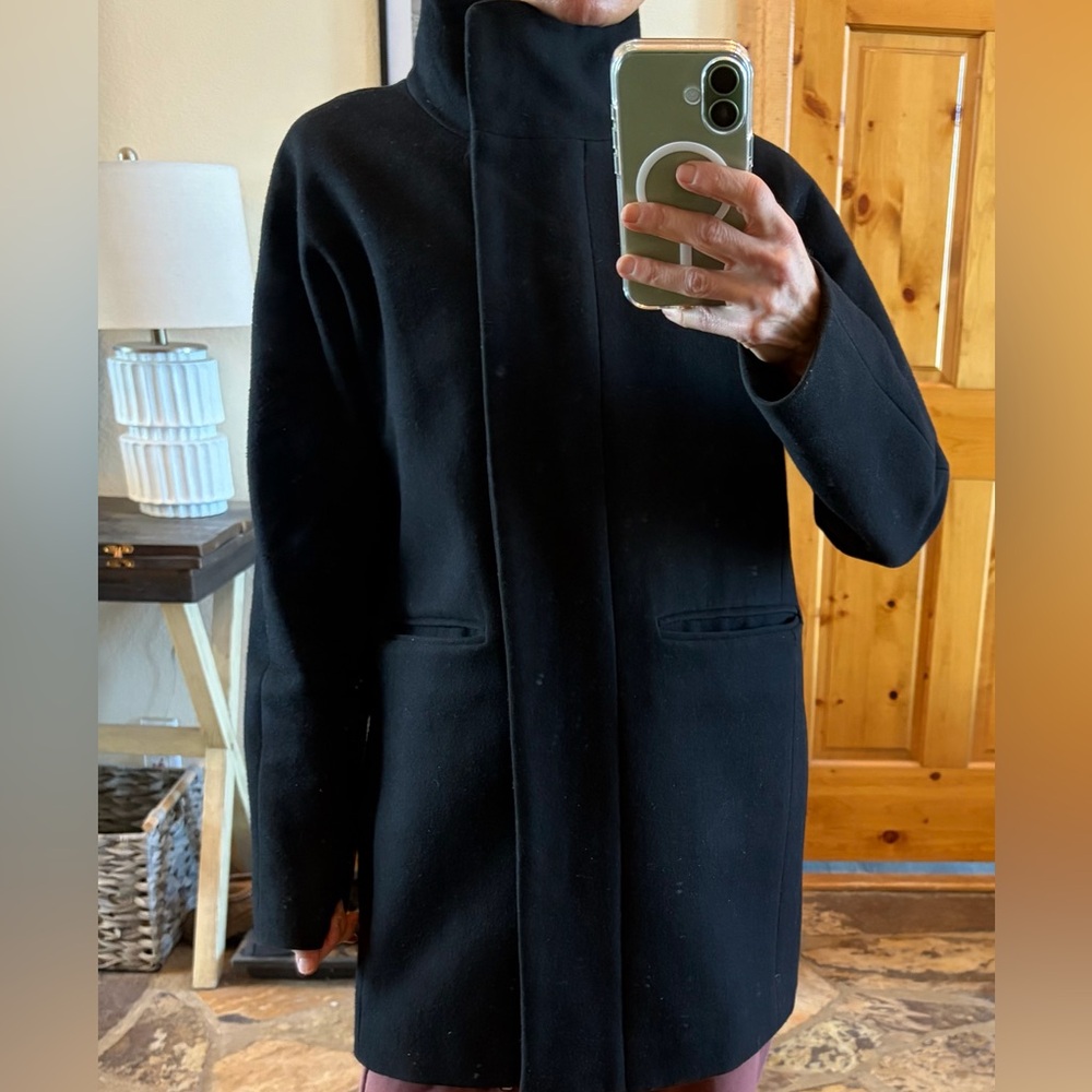 J. Crew Wool Black , Funnel Neck Coat with Gold Accent zippers, size 0